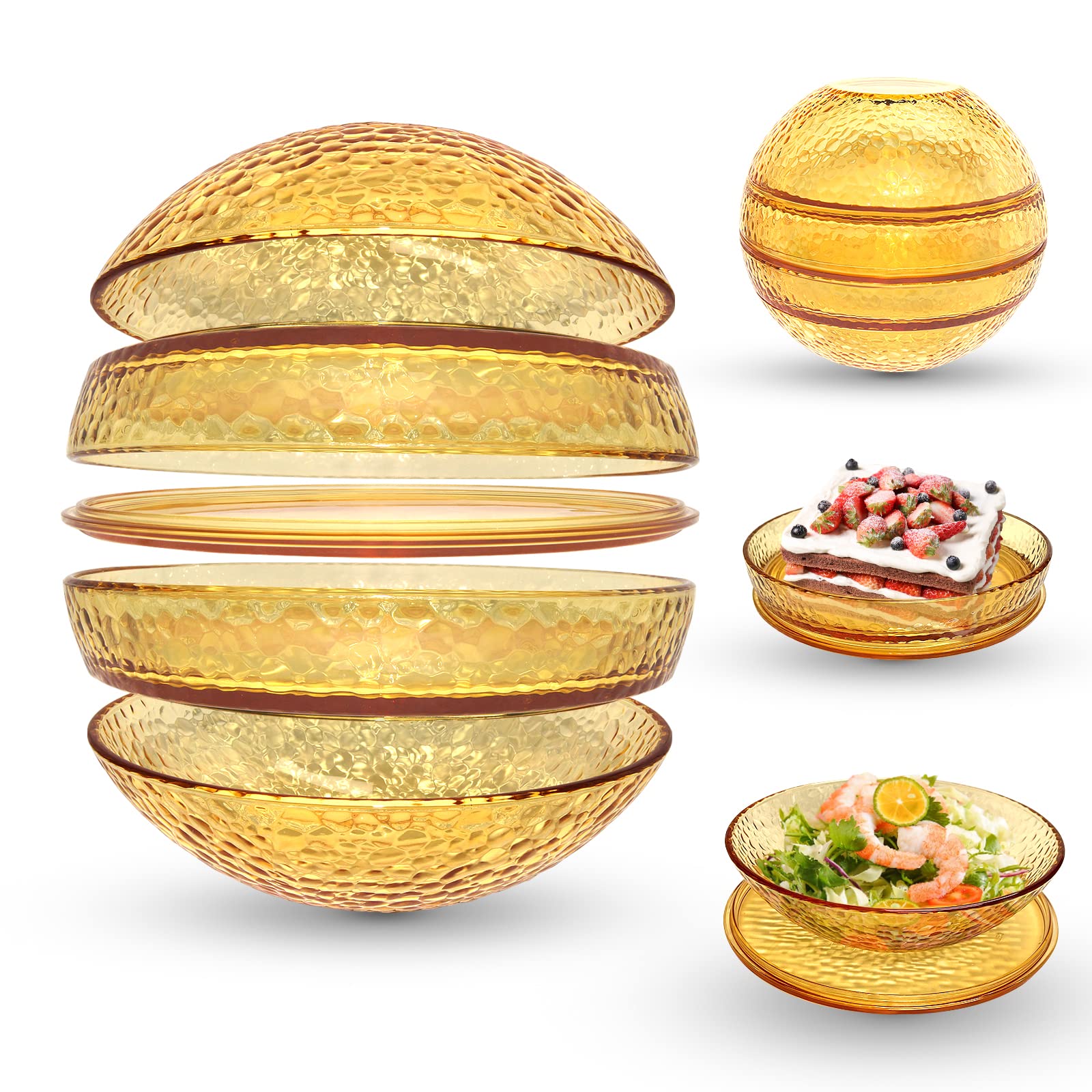 Dizaolive Plates & Bowls Kitchen Dinnerware Sets: 5 Piece Sphere Party Dish Set Microwave Dishwasher Safe Salad Dinner Amber Clear Hammered Glass Decorative Tableware for Soup Pasta Dessert Fruit Cake