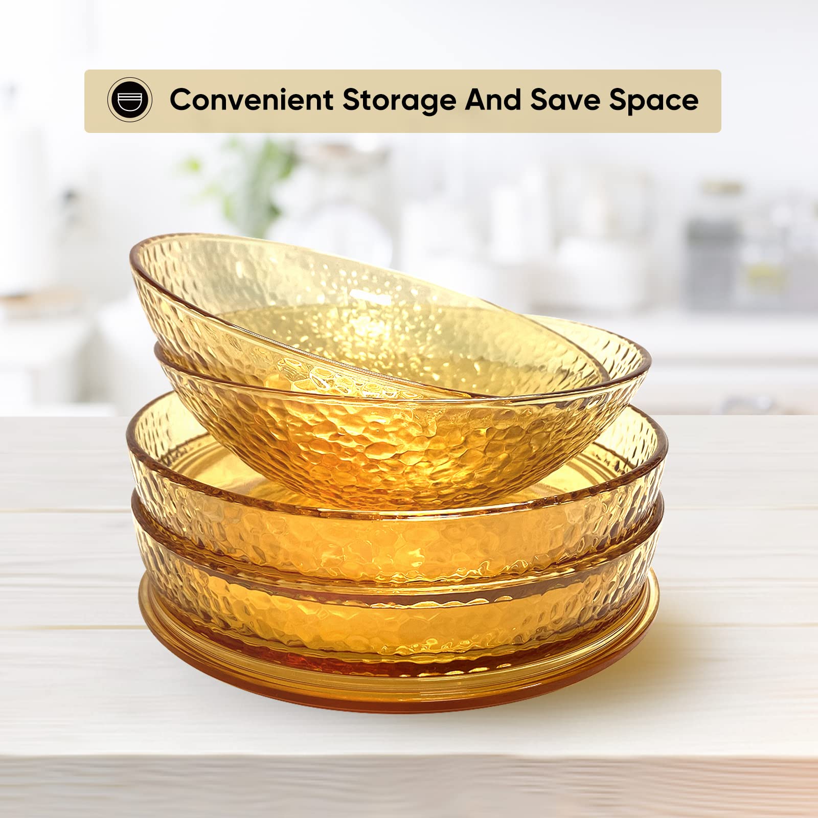 Dizaolive Plates & Bowls Kitchen Dinnerware Sets: 5 Piece Sphere Party Dish Set Microwave Dishwasher Safe Salad Dinner Amber Clear Hammered Glass Decorative Tableware for Soup Pasta Dessert Fruit Cake