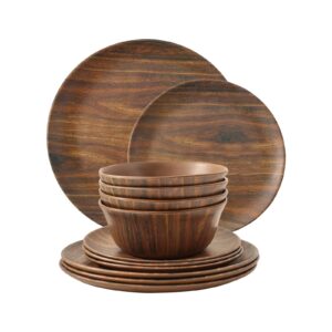 tp 12-piece dinnerware set, melamine dishes set with bowls and plates, non-breakable lightweight dinner service for 4, wood grain