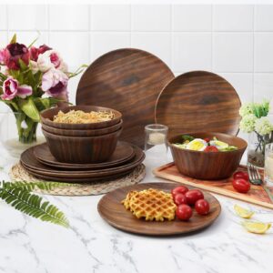 TP 12-Piece Dinnerware Set, Melamine Dishes Set with Bowls and Plates, Non-breakable Lightweight Dinner Service for 4, Wood Grain