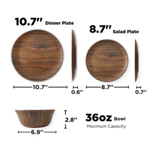 TP 12-Piece Dinnerware Set, Melamine Dishes Set with Bowls and Plates, Non-breakable Lightweight Dinner Service for 4, Wood Grain