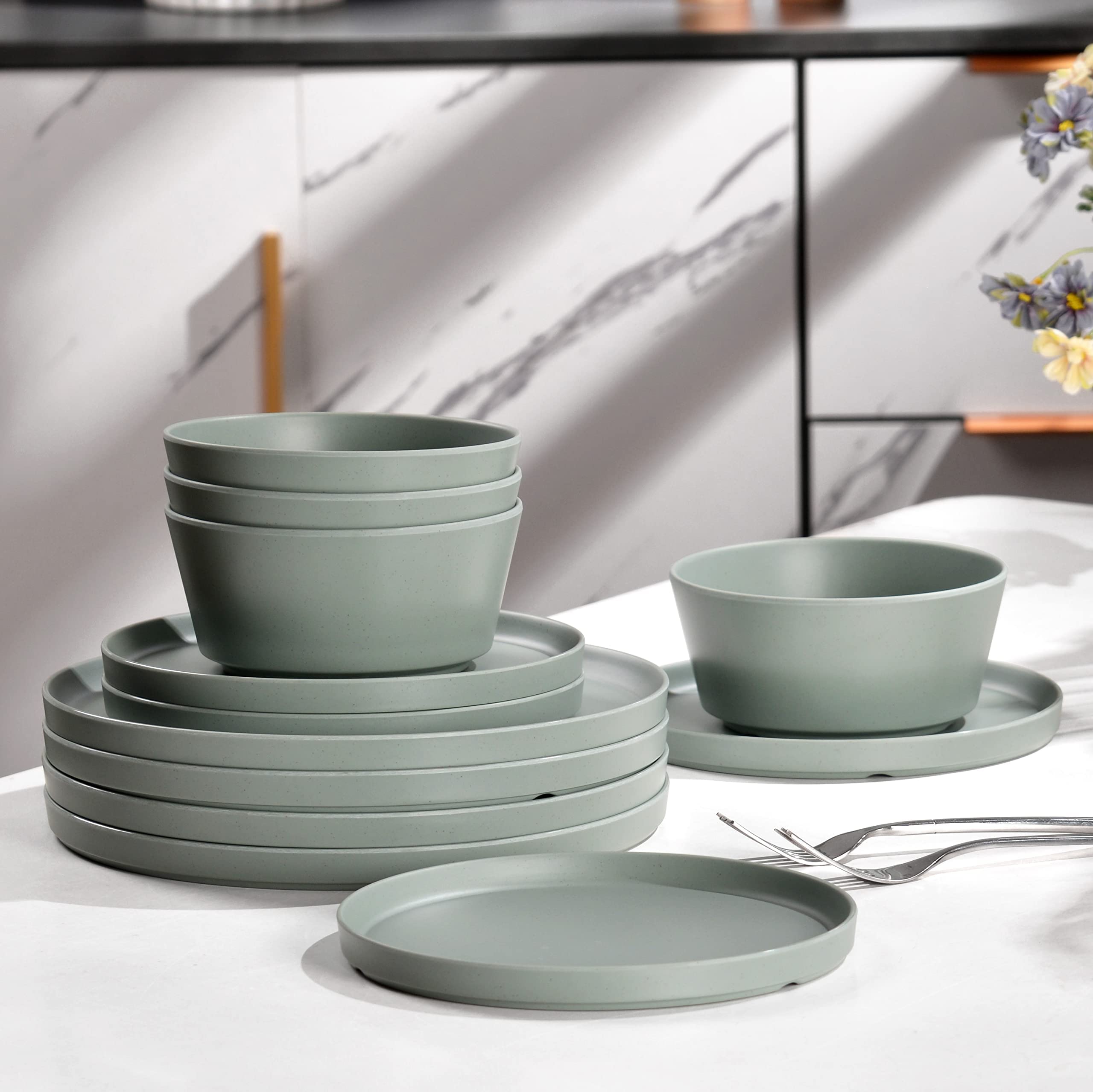 Melamine Dinnerware Sets, Dinnerware Sets For 4, 12pcs Plates And Bowls Sets Unbreakable Dishwasher Safe BPA Free (Sage Green)