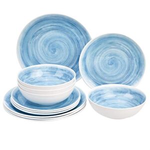 amazon basics 12-piece melamine dinnerware set - service for 4, teal swirl