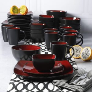 Gibson Soho Lounge Square Reactive Glaze Stoneware Dinnerware Set, Service for 8 (40pc), Red/Black