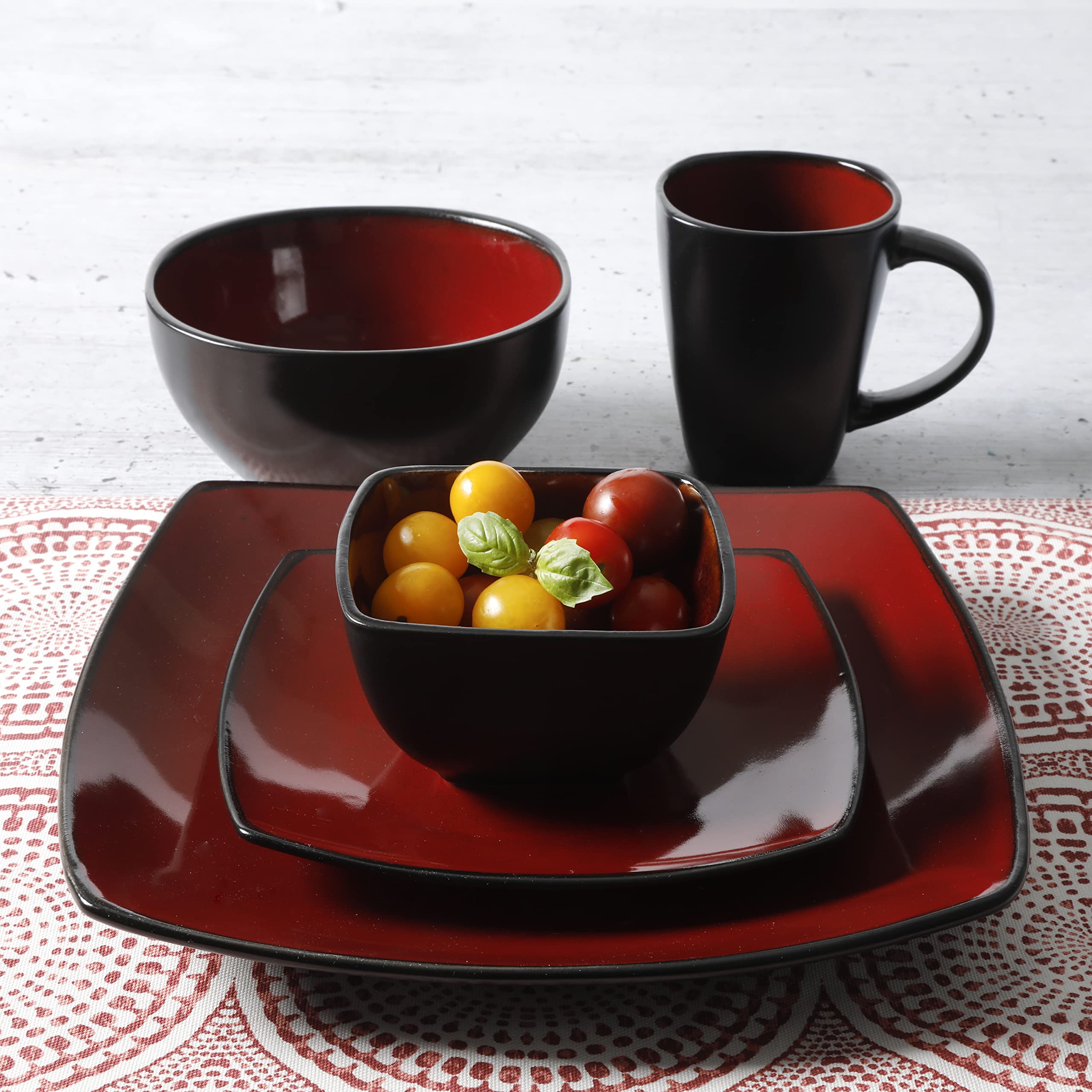 Gibson Soho Lounge Square Reactive Glaze Stoneware Dinnerware Set, Service for 8 (40pc), Red/Black