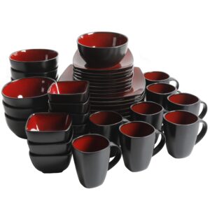 Gibson Soho Lounge Square Reactive Glaze Stoneware Dinnerware Set, Service for 8 (40pc), Red/Black
