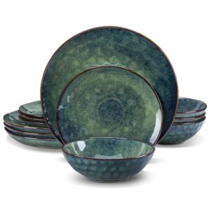 vancasso starry 12 pieces green dinnerware set, reactive change glaze dinner set, plates and bowls set