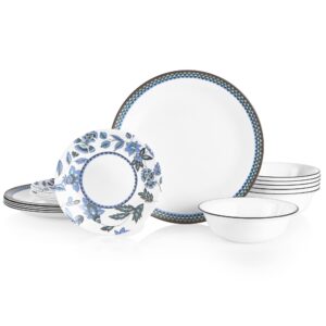 corelle 18-piece dinnerware set, service for 6, lightweight round plates and bowls set, vitrelle triple layer glass, chip resistant, microwave and dishwasher safe, veranda