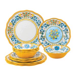 upware 12-piece melamine dinnerware set, includes dinner plates, salad plates, bowls, service for 4. (chianti)