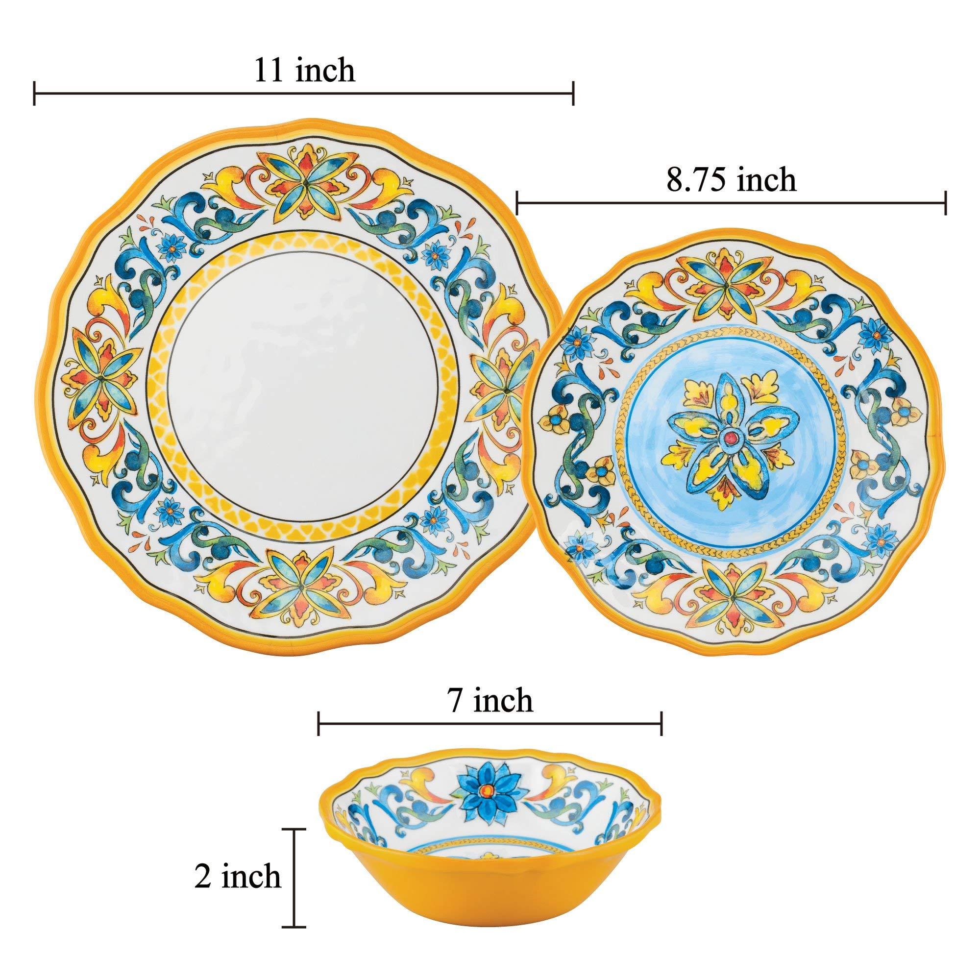 UPware 12-Piece Melamine Dinnerware Set, Includes Dinner Plates, Salad Plates, Bowls, Service for 4. (Chianti)