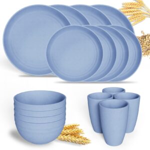 kewoo unbreakable wheat straw dinnerware sets of 4, 16pcs reusable dinnerware set，lightweight microwave dishwasher safe,plates, cups, bowls for r party, picnic, camping, dorm (blue)