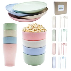 28-piece wheat straw dinnerware set - lightweight, microwave & dishwasher safe - perfect for camping, picnics & everyday use