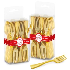 gold mini forks 4 inch (80-count) disposable plastic appetizer fork for cocktail hour, dessert cups, small food samples, tiny appetizers, charcuterie board, wedding reception