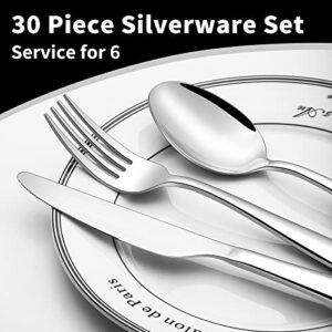 30 Piece Silverware Set, Flatware Set for 6, Amafox Food-Grade Stainless Steel Cutlery set, Home Kitchen Utensil Set, Include Knifes Forks and Spoons Silverware Set, Mirror Finish, Dishwasher Safe