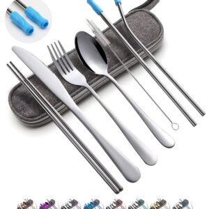 Travel Utensils Set with Case Reusable Portable Cutlery Set Stainless Steel 8pcs Including Dinner Knife Fork Spoon Chopsticks Straws(Silver)