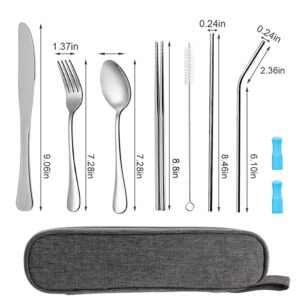 Travel Utensils Set with Case Reusable Portable Cutlery Set Stainless Steel 8pcs Including Dinner Knife Fork Spoon Chopsticks Straws(Silver)