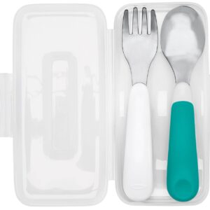 OXO Tot On-The-Go Fork And Spoon Set, Stainless Steel, TPR, Plastic - Teal