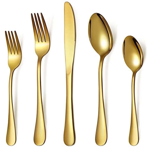 20 Piece Gold Silverware Set, Stainless Steel Flatware Utensil Sets for 4, Gold Cutlery Set Includes Forks Spoons Knives, Mirror Polished, Dishwasher Safe