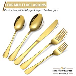 20 Piece Gold Silverware Set, Stainless Steel Flatware Utensil Sets for 4, Gold Cutlery Set Includes Forks Spoons Knives, Mirror Polished, Dishwasher Safe