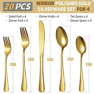 20 Piece Gold Silverware Set, Stainless Steel Flatware Utensil Sets for 4, Gold Cutlery Set Includes Forks Spoons Knives, Mirror Polished, Dishwasher Safe