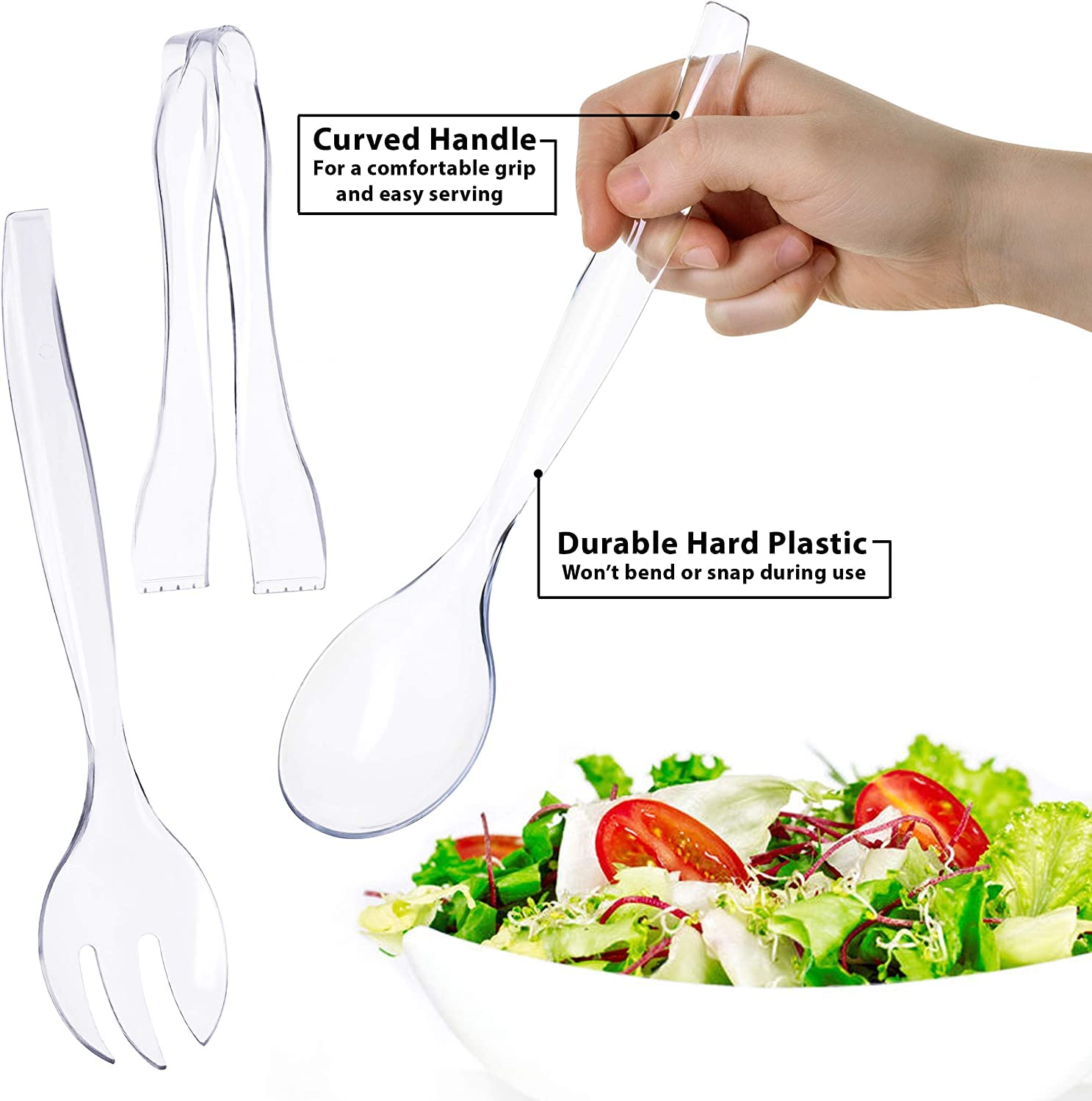 Plastic Serving Utensils, 18 Pack Heavy Duty Disposable Serving Utensils, 6-10” Spoons and Forks, 6-6-1/2” Serving Tongs, Clear