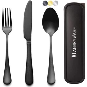 portable travel utensils set, 18/8 stainless steel 3 pcs cutlery set including knife fork and spoon, reusable travel silverware set with case for lunch box camping school office