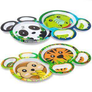 bentology zoo friends mealtime melamine feeding plates - set of 4 different cute animal pal dishes for kids - panda, alligator, tiger & monkey - divided compartments, bpa free