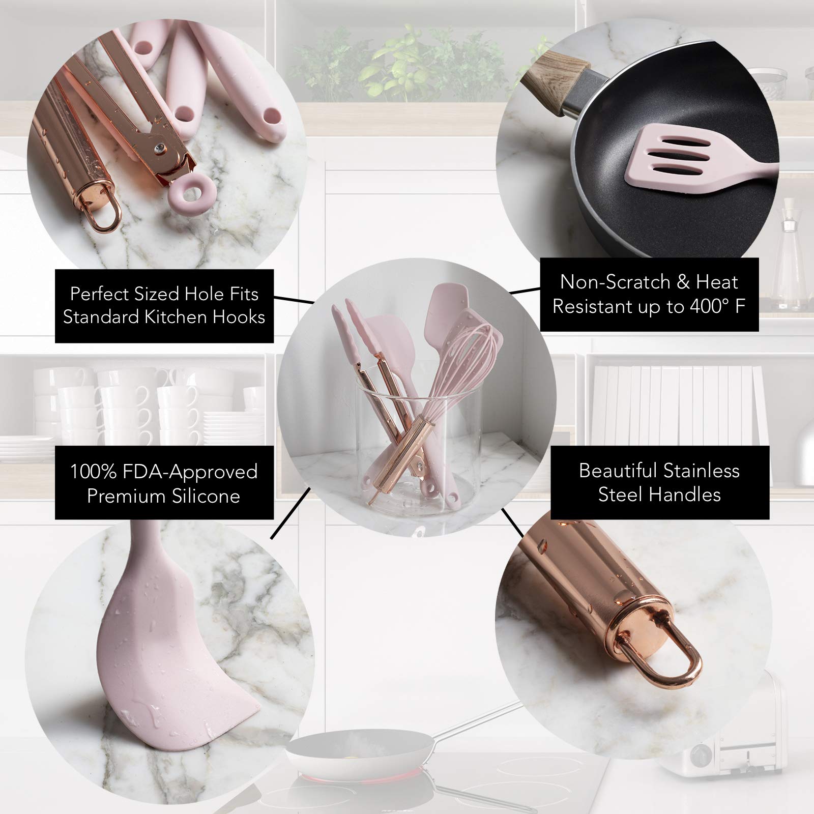 COOK with COLOR Set of Five Pink and Rose Gold Silicone MINI Kitchen Utensil Set