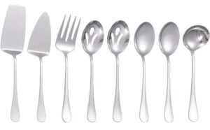 8 piece serving utensils set,large serving set,stainless steel serving utensils for dinner parties entertaining - lasagna server,pie server,serving fork,serving spoons,soup ladle,mirror polished