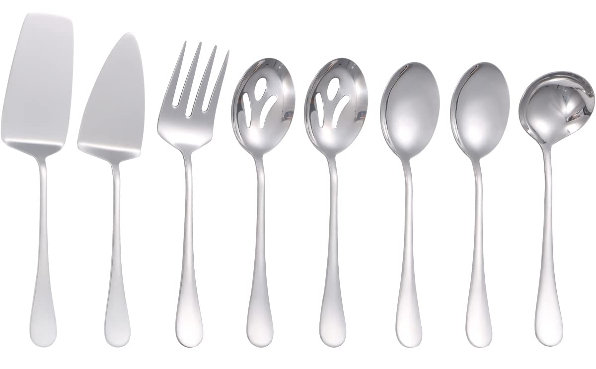 8 Piece Serving Utensils Set,Large Serving Set,Stainless Steel Serving Utensils for Dinner Parties Entertaining - Lasagna Server,Pie Server,Serving Fork,Serving Spoons,Soup Ladle,Mirror Polished