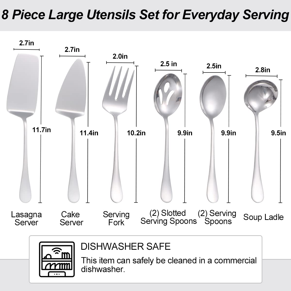 8 Piece Serving Utensils Set,Large Serving Set,Stainless Steel Serving Utensils for Dinner Parties Entertaining - Lasagna Server,Pie Server,Serving Fork,Serving Spoons,Soup Ladle,Mirror Polished