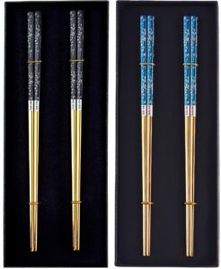 metal chopsticks titanium plated stainless steel chopsticks reusable dishwasher safe japanese korean chopstick lightweight anti-slip chop sticks 2 pairs blue gold and 2 pairs black gold bundle set