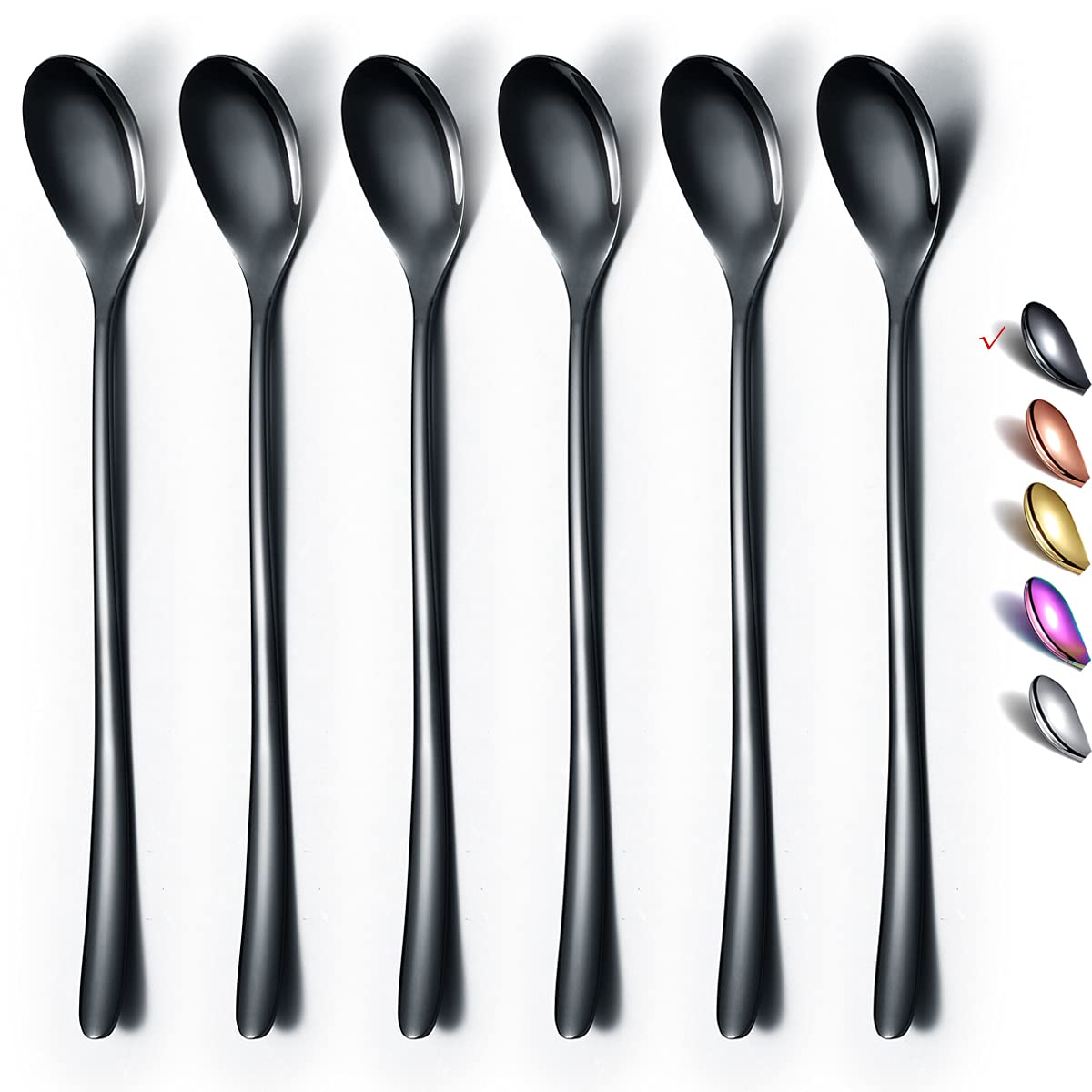 Black Long Handle Spoon, Coffee Stirrers, Premium Stainless Steel Ice Tea Spoons, Ice Cream Spoon, Cocktail Stirring Spoons, Set of 6 (Black)