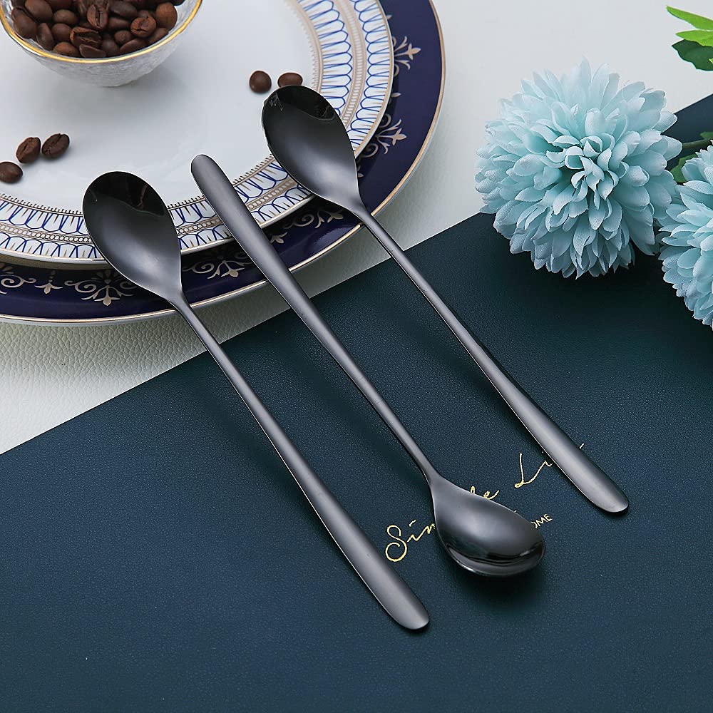 Black Long Handle Spoon, Coffee Stirrers, Premium Stainless Steel Ice Tea Spoons, Ice Cream Spoon, Cocktail Stirring Spoons, Set of 6 (Black)