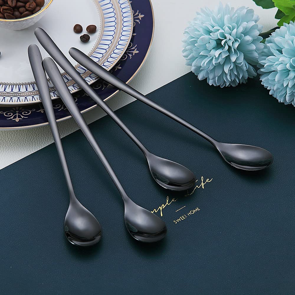 Black Long Handle Spoon, Coffee Stirrers, Premium Stainless Steel Ice Tea Spoons, Ice Cream Spoon, Cocktail Stirring Spoons, Set of 6 (Black)
