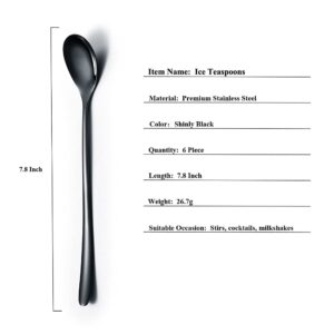 Black Long Handle Spoon, Coffee Stirrers, Premium Stainless Steel Ice Tea Spoons, Ice Cream Spoon, Cocktail Stirring Spoons, Set of 6 (Black)