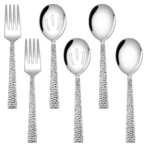 e-far hammered serving utensils set of 6, stainless steel 8.7 inch square hostess serving set, metal serving spoon slotted spoons forks for party buffet catering, mirror finished & dishwasher safe