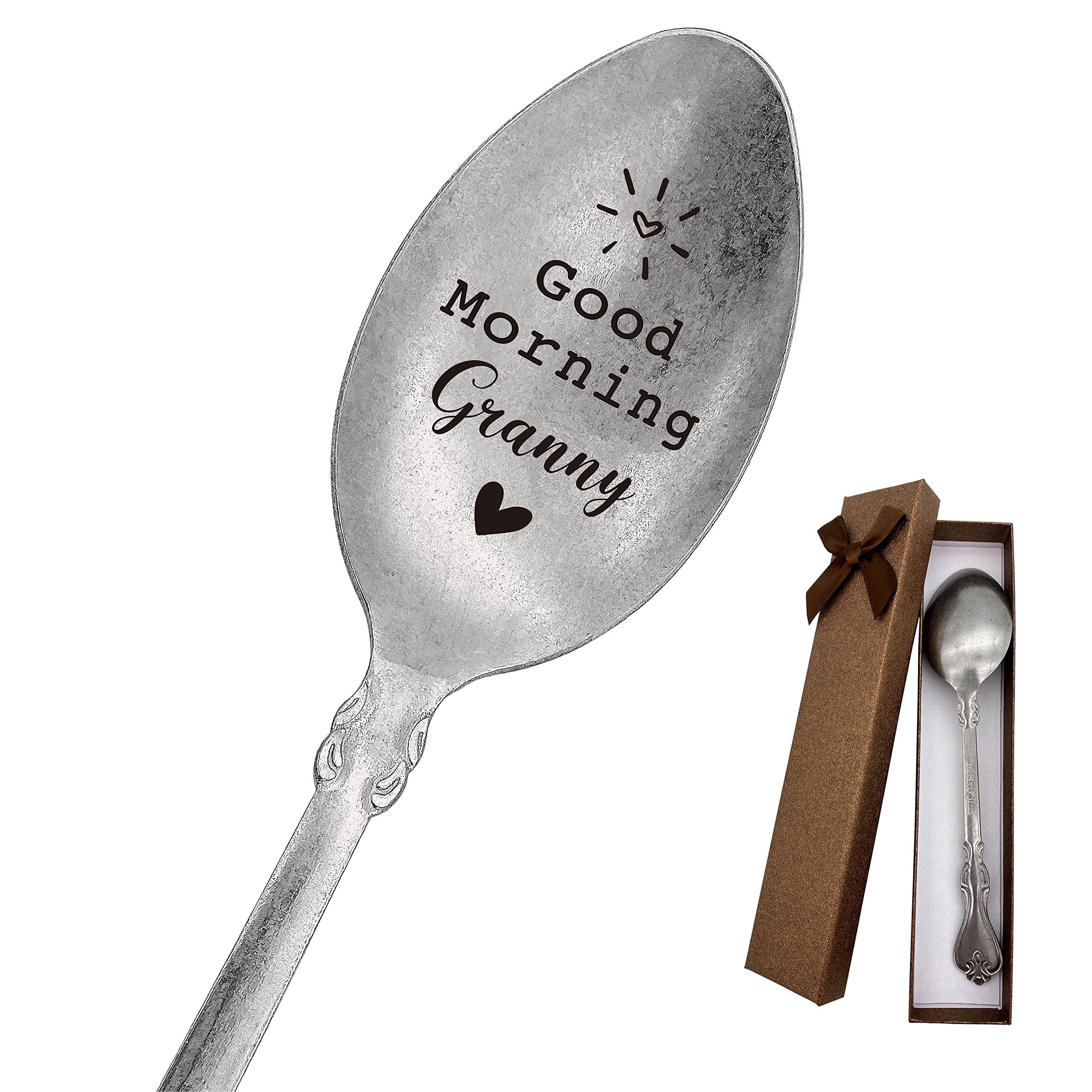 Good Morning Granny Spoon Funny Stainless Steel Engraved Spoon, Retro Matte Long Handle Coffee Tea Spoon Dessert Ice Cream Spoon for Granny Birthday Mother's Day Christmas Spoon Gifts