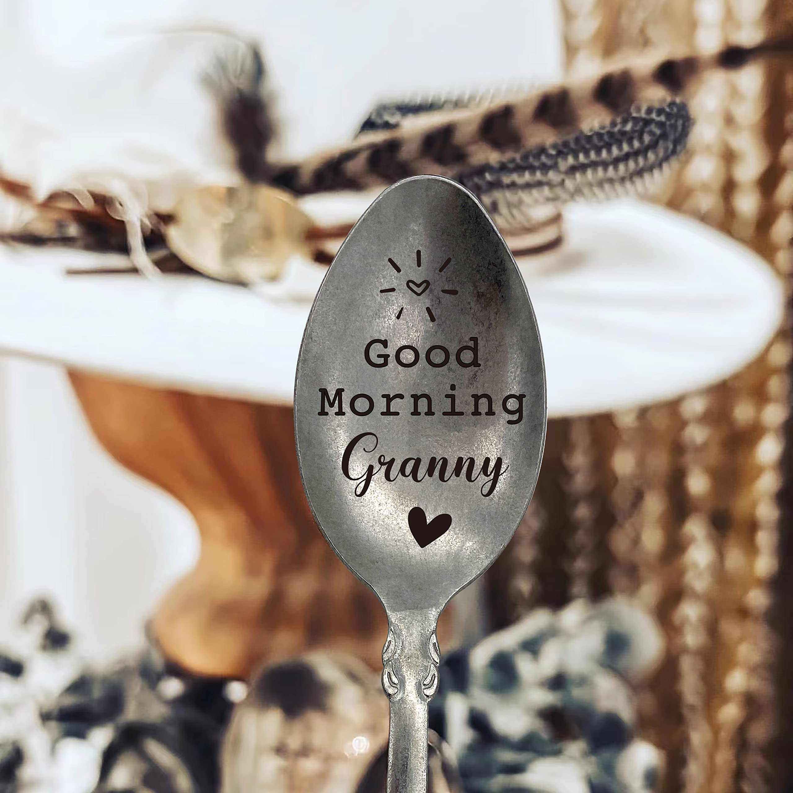 Good Morning Granny Spoon Funny Stainless Steel Engraved Spoon, Retro Matte Long Handle Coffee Tea Spoon Dessert Ice Cream Spoon for Granny Birthday Mother's Day Christmas Spoon Gifts