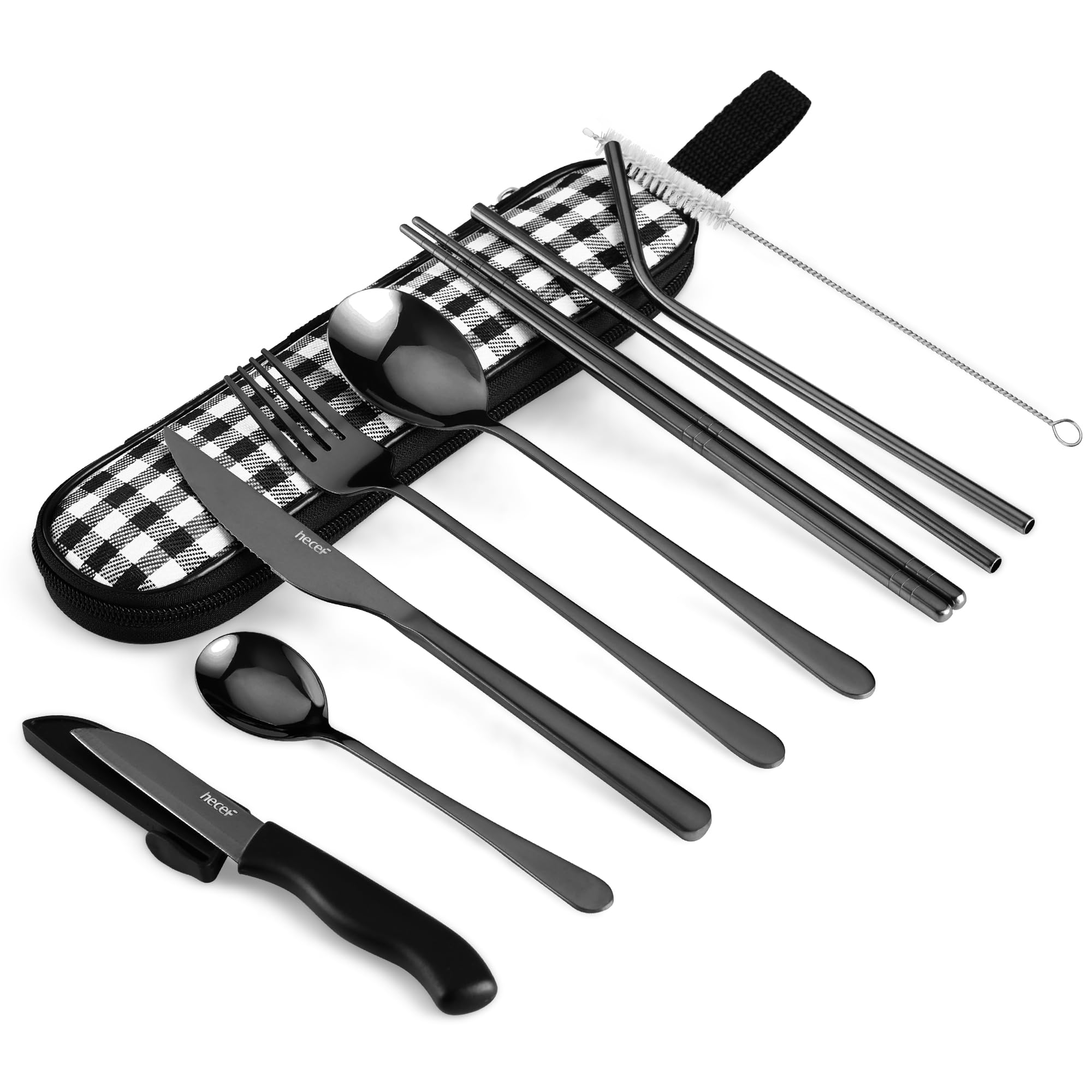 hecef 11 PCS Black Titanium Plating Travel Cutlery Set with Compact Carrying Case & Mesh Bag, Reusable Stainless Steel Utensils, Handy Flatware Set for Work, School, Camping and Travel (Black)