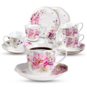 guangyang 12 pieces (tiny style) espresso cups and saucers，2.5 ounce/80ml，set of 6,mini premium porcelain coffee cup set, fancy flower pattern design