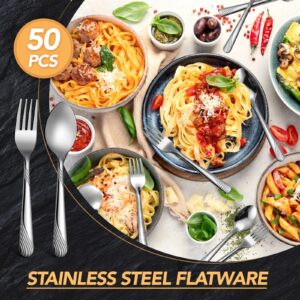 50 Pcs Forks and Spoons Silverware Set Stainless Steel Flatware Cutlery Set Heavy Duty Metal Spoons and Forks Set for Kitchen Utensil Dinner Restaurant Home, Mirror Polished, Dishwasher Safe (Stripe)