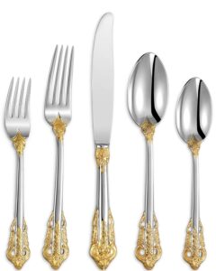keawell luxury 20 pieces 18/10 stainless steel flatware set, service for 4, silver plated with gold accents, fine silverware set and dishwasher safe (gold accent)