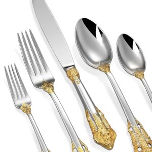 KEAWELL Luxury 20 Pieces 18/10 Stainless Steel Flatware set, Service for 4, silver plated with gold accents, Fine Silverware set and Dishwasher Safe (Gold Accent)