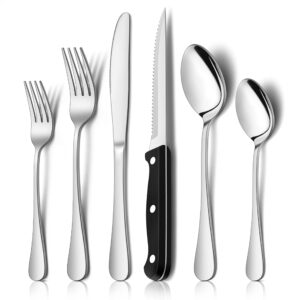 e-far 24-piece silverware set with steak knives, stainless steel flatware cutlery set eating utensils for 4, spoons forks knives for home kitchen, simple design & mirror finish, dishwasher safe