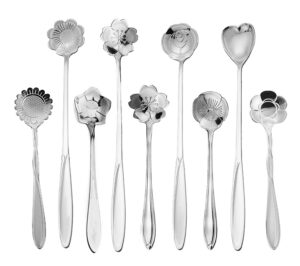 9 pcs flower spoon coffee teaspoon set, esrise stainless steel tea spoon essert spoon, cute demitasse scoop for stirring drink mixing milkshake jam (silver)