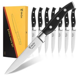 steak knives set of 8, oderfun 8 piece steak knives sharp and serrated steak knife, full tang and ergonomic handle, 4.5 inch german stainless steel steak knife set with gift box