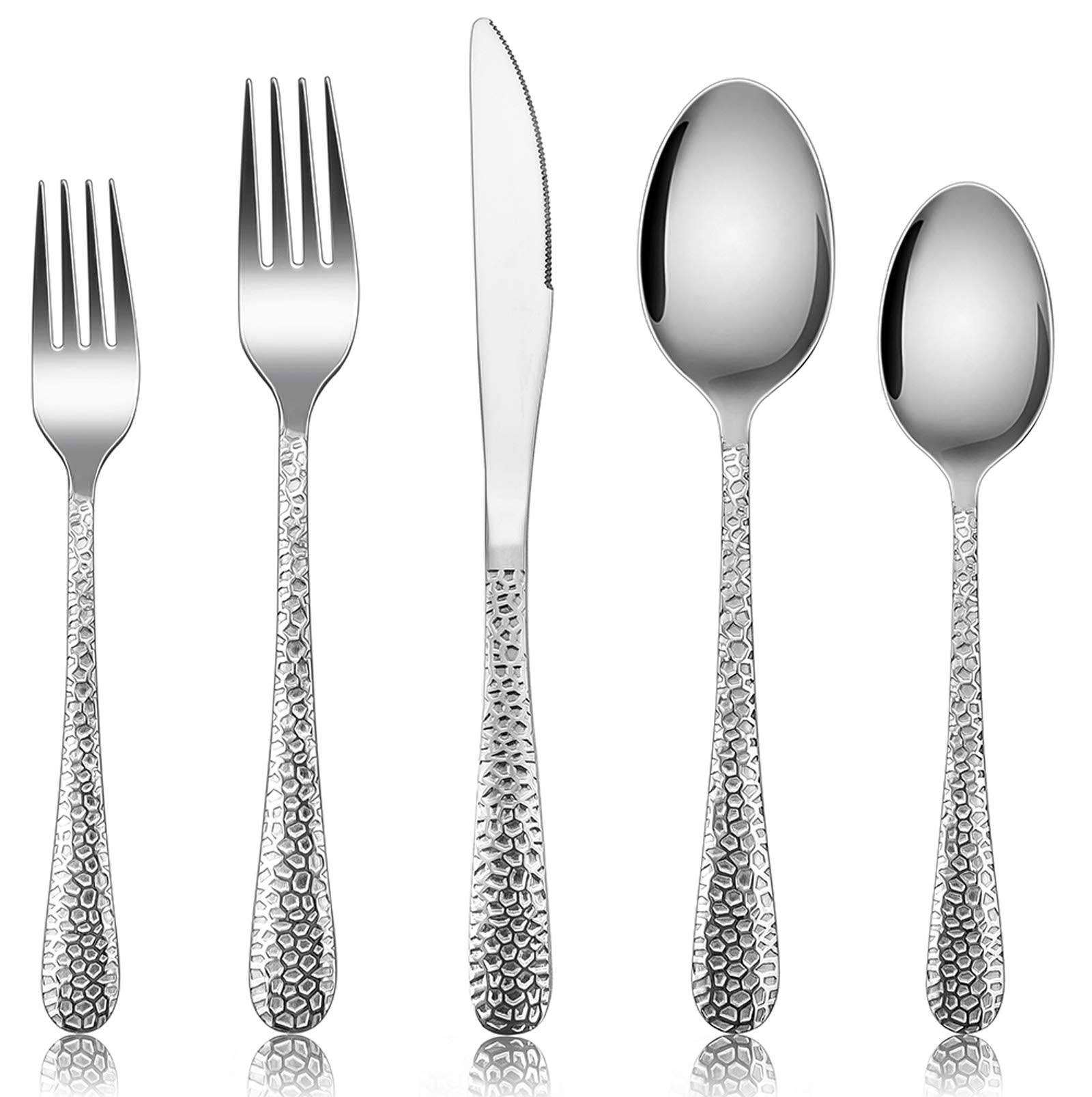 Silverware Set for 12, E-far 60-Piece Hammered Flatware Cutlery Set, Stainless Steel Eating Utensils for Kitchen Hotel Restaurant Party, Modern Design & Mirror Finished - Dishwasher Safe