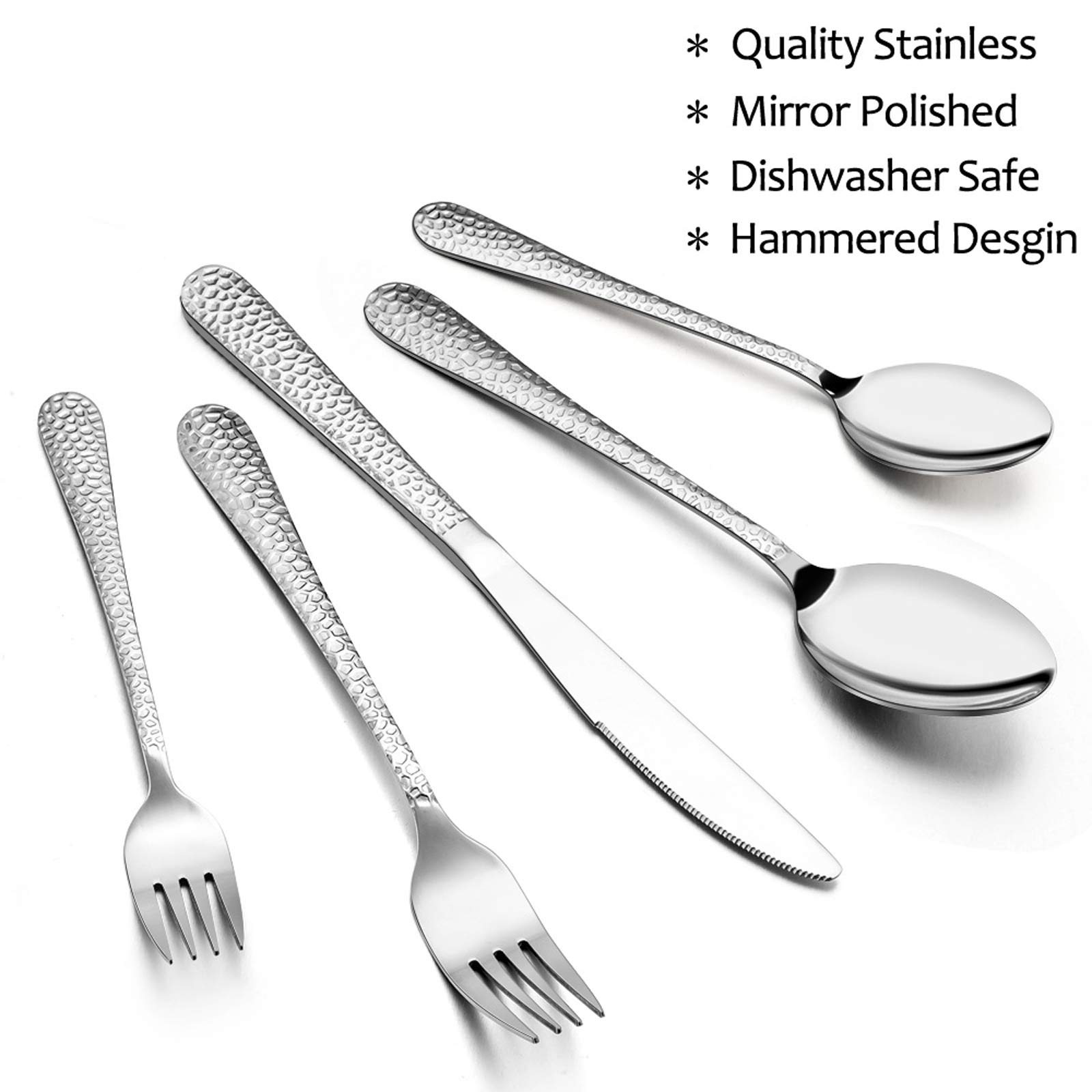 Silverware Set for 12, E-far 60-Piece Hammered Flatware Cutlery Set, Stainless Steel Eating Utensils for Kitchen Hotel Restaurant Party, Modern Design & Mirror Finished - Dishwasher Safe