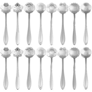 16 pieces tea spoon coffee teaspoon set, pbiehsr stainless steel flower spoons for stirring drink mixing milkshake jam
